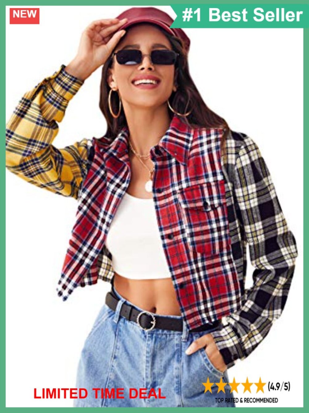 Plaid Button Down Crop Top Long Sleeve Collared Blouse